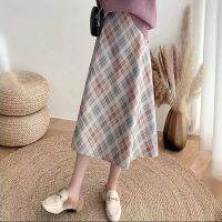 Tweed plaid half-body skirt womens new fall and winter fashion literary commuter high-waisted medium-length plaid A-line skirt