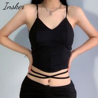 Insker- เสื้อครอปท็อป สายสปาเก็ตตี้ คอวี เปิดหลัง เข้ารูป สีพื้น แฟชั่นฤดูร้อน สําหรับผู้หญิง V728