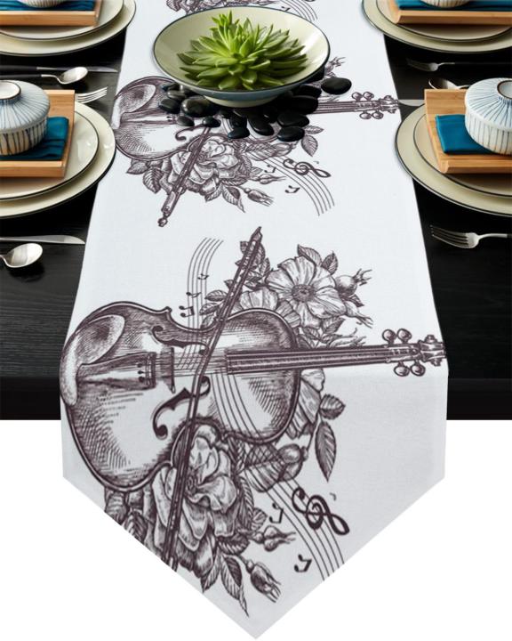 note-music-black-white-watercolor-splash-table-runner-for-ho-wedding-party-cake-floral-tablecloth-home-decoration