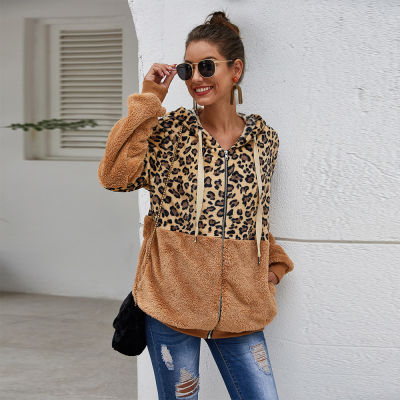 Ymwmhu Leopard Patchwork Women Teddy Coat Autumn Hooded Fluffy Plush Winter Faux Fur Jacket Coat Women Loose Overcoat Fur Coats