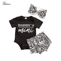 Infant Baby Girls Summer Clothes Daddys Mini Letter Print Bodysuit +Snake Skin Print Shorts + Bow Headband 3Pcs Outfits Set  by Hs2023