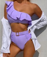 Sexy Bikinis Women  One Shoulder Swimwear High Waist Swimsuit Purple Bandage Bathing Suits Ruffle Beach Wear Biquini Female