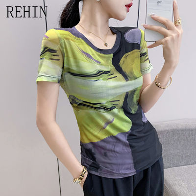 REHIN เสื้อเชิ๊ตผู้หญิงแขนสั้น,เสื้อเชิ๊ตพิมพ์ลายคอกลมแฟชั่นสไตล์เกาหลีแบบใหม่ฤดูร้อน
