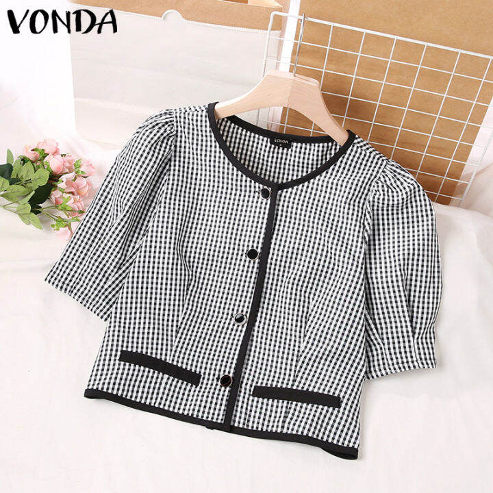 จัดส่งฟรี-fancystyle-vonda-ผู้หญิงเดินทางวินเทจตาข่ายปุ่มลูกเรือคอเสื้ออเนกประสงค์พัฟแขนสั้นเสื้อ-2