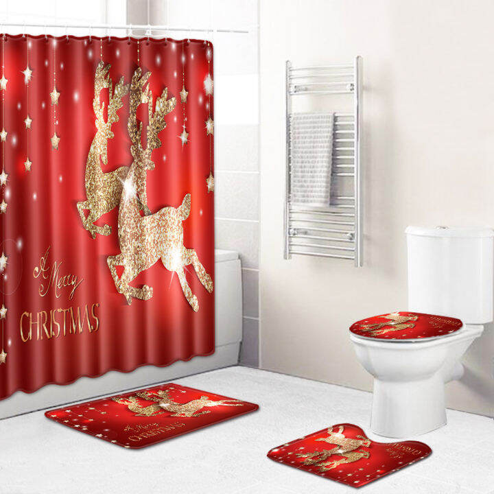 christmas-style-bath-mat-shower-curtain-and-mechanical-wash-non-slip-for-bathroom-floor-absorbent-carpet-set-4psc