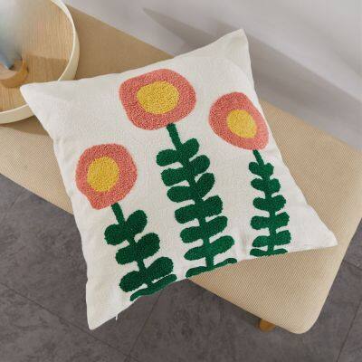 Embroidery Flower Cushion Cover 45x45cm Sunflower Plant Cotton Pillow Case Home Decoration Living Room Bedroom Sofa Couch Soft