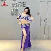 【YD】 Belly Practice Mesh Printing Half Sleeves Top long Skirt 2pcs for Dancing Training