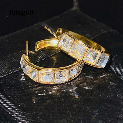 Lijing Bright Earrings C-Shaped Square Zircon Ear Ring Stud Ring For Women