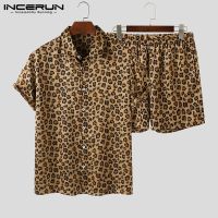 Summer Fashion Men Sets Streetwear Leopard Printed Lapel Short Sleeve Shirt Beach Shorts Hawaiian Men Suits 2 Pieces INCERUN 5XL