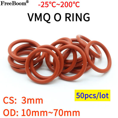 【2023】50pcs VMQ O Ring Seal Gasket Thickness CS 3mm OD 10 ~ 70mm Silicone Rubber Insulated Waterproof Washer Round Shape Nontoxi Red