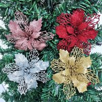 (5pcs/pack) 15cm width Medium Artificial Christmas Tree Flower Glitter Decorations Xmas Ornaments New Year Gift