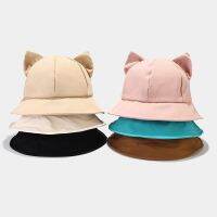 2023สินค้าใหม่ Topi Bucket หูสุนัขจิ้งจอกหลากหลายเทรนด์หมวกใส่ตกปลาน่ารักสำหรับผู้หญิงสีทึบฤดูใบไม้ผลิฤดูร้อนหมวกปานามา