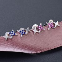 Ear Stud  Star Blue Pink Zircon , Fashion Cosmic Jewerly For Women,New Ts Trendy Gift In 925 Sterling Silver