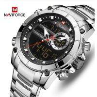 Naviforce นาฬิกาทหาร กองทัพบก ควอตซ์ สองเวลา อะนาล็อก + ดิจิตอล LED สแตนเลส สีเงิน