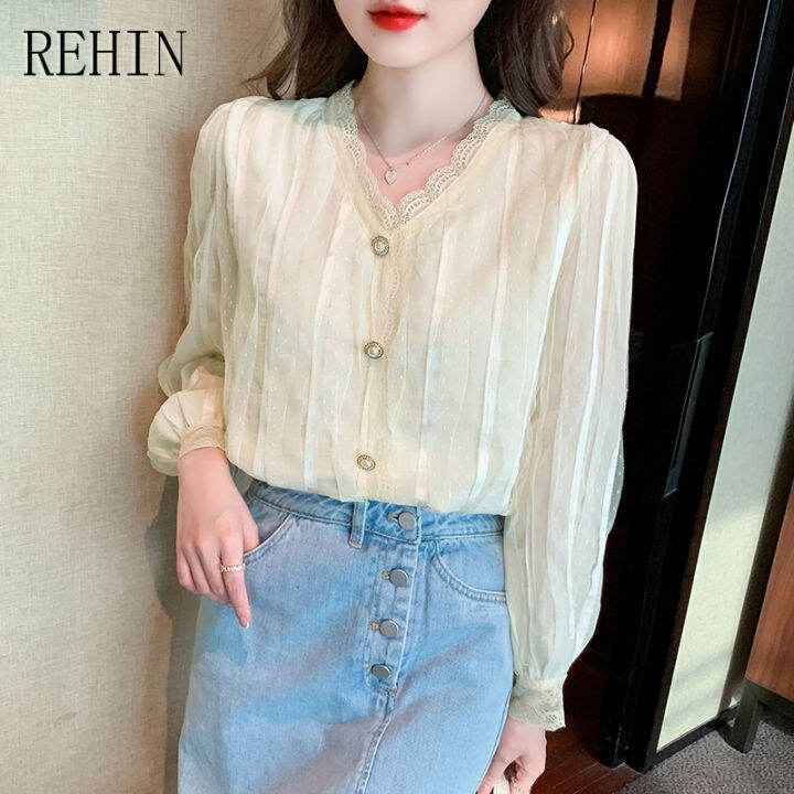 rehin-เสื้อคอวีคอวีของผู้หญิง-เสื้อคอวีกระดุมเดี่ยวดีไซน์หรูหราแขนยาวผ้าชีฟองมีซอกกระดุมแถวใหม่แฟชั่นสไตล์เกาหลีฤดูใบไม้ผลิ