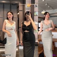 J18732 เดรสยาว เว้าหน้าท้อง ลายฉลุ Long dress, cut out the belly, perforated pattern