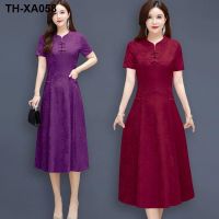 Long dress new product improved cheongsam dress middle-aged and elderly mothers wear the latest red dress with pockets