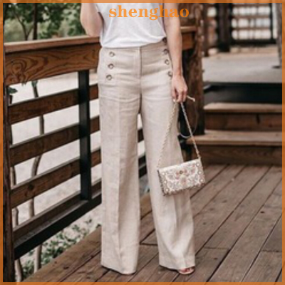 shenghao กางเกงขากว้างผ้าลินินสำหรับผู้หญิง, กางเกงเอวสูงมีกระดุมสำหรับฤดูร้อนขนาดใหญ่พิเศษ