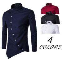 Mens Irregular Asymmetrical Small Collar Long Sleeve Shirt with Inclined Placket