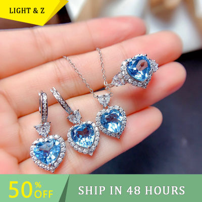 LIGHT &amp; Z Sapphire โปร่งแสง Niche Cool Love Blue Zircon Full Diamond ต่างหู Moissanite สร้อยคอแหวน Set