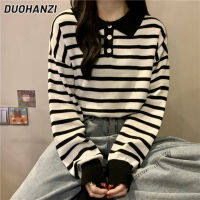 DUOHANZI เสื้อยืดคอปกตุ๊กตาผู้หญิงไซส์พิเศษ,ตุ๊กตาแขนยาวเสื้อเย็บลายทางลำลองสีตัดกับฤดูใบไม้ร่วง