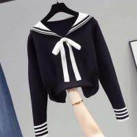 Women Sailor Collar Sweater Long Sleeve Knitted Pullover Female Slim Fit Jumper XX9D