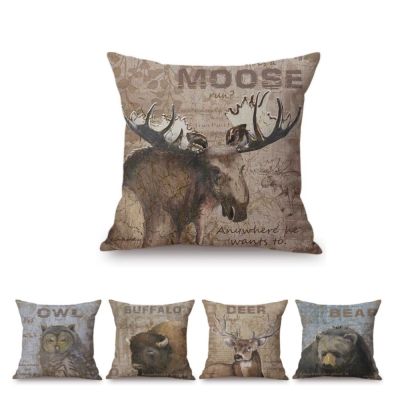 Vintage Woodland Fox Buffalo Elk Deer Bear Owl Moose Animal Throw Pillow Case For Home Decoration Retro Sofa Linen Cushion Cover