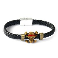 Hot Anime Cartoon Luffy 39;s Ship Flag Straw Hat Skeleton Logo Knit Leather Bracelet Cosplay Bangle Gift