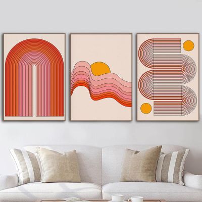 Mid Century 70S Waves Stripes Rainbow Sun ภาพวาดผ้าใบโปสเตอร์และพิมพ์ภาพผนังศิลปะ-ห้องนอนห้องนั่งเล่นตกแต่งบ้าน