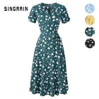 【Ladies shop】 SINGRAIN NewPrint FloralWomen คอ V แขนสั้น ChiffonDresses ชายหาด Midi หญิงห่อชุดยาว