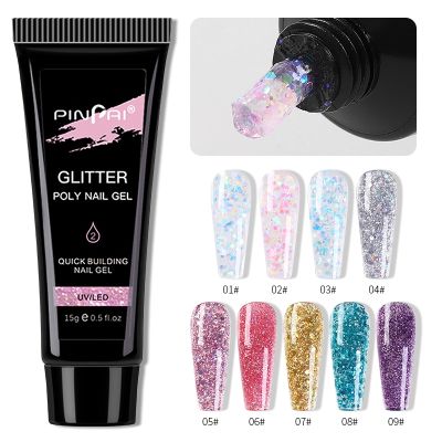 PINPAI 15ml Glitter Poly Nail Gel UV LED Builder Poly Acrylic Crystal Gel for Nail Art Polygels Extension Gel With Sequins
