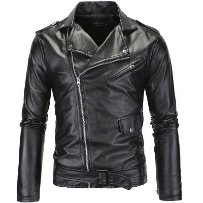 ZZOOI Spring Fashion Motorcycle Leather Jacket Men Slim Fit Oblique Zipper PU Jacket Autumn Men Leather Jackets Coats Black White