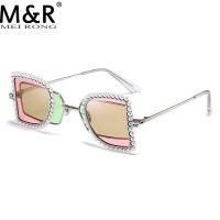 Trend New Style Womens Square Sunglasses Personalized Handmade Diamond Metal Silver Frame Inner Green Outer Pink Glasses UV400