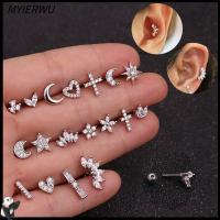 MYIERWU 1PC ผู้หญิง ผู้หญิง มงกุฎดอกไม้ข้าม กระดูกอ่อน Helix Tragus เครื่องประดับร่างกาย สีเงิน สีทอง ต่างหูสตั๊ด CZ เจาะหู