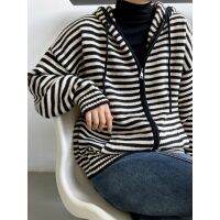 [COD] Luxi retro striped contrast hooded knitted cardigan female ins tide loose long-sleeved sweater jacket ss207