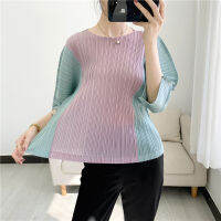 Spring/Summer 2022 New Miyake Pleated Top T-Shirt Color Matching Seven Sleeves Fashion Urban Casual Womens Wear