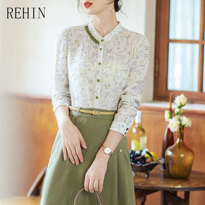 REHIN ผู้หญิงเสื้อแขนยาวฤดูใบไม้ร่วงออกแบบใหม่ Niche ดอกไม้เสื้อชีฟองหรูหรา