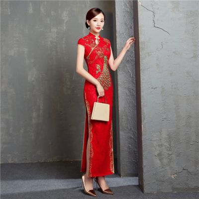 ขนาดพิเศษ6XL สีแดงการแต่งงานแบบดั้งเดิมของจีน Cheongsam ชุดยาวเย็บปักถักร้อย Qipao ลูกไม้ชุดเดรสงานเลี้ยงสำหรับสตรี