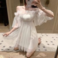 ▽▼Sweet super fairy off shoulder Dress Solid A line strap Puff Sleeve Korean Short mesh small Mini Pink Purple Black