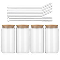 Drinking Glasses with Bamboo Lids and 12Pcs Set- 16Oz Can Shaped Glass Cups,Beer Glasses,Iced Coffee Glasses