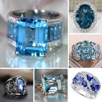 Luxury Fashion Blue Crystal Rhinestone Geometric Ring Women Exaggerated Silver Color Ring Engagement Wedding Anniversary Jewelry