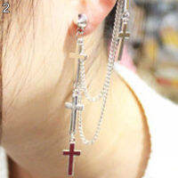 Huahankuang®1Pc Gothic Punk Cross พู่โซ่คล้องหูต่างหูเม็ดกลมแบบหนีบเครื่องประดับแฟชั่น