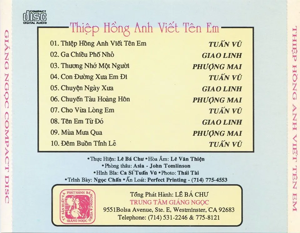 MDCD] Đĩa CD Tuấn Vũ - Giao Linh - Phượng Mai, Thiệp Hồng Anh Viết ...