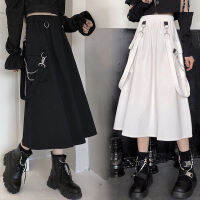 HOUZHOU Gothic Long Skirt Techwear Women Grunge Punk High Waist Chain Pocket Strap Black Cargo Skirt Goth Harajuku Streetwear