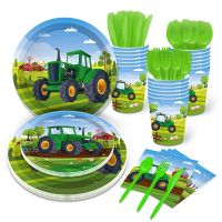 【JIU YU】✌  Green Tractor Tema Louça Descartável Copo De Papel Pratos Guardanapos Caminhão Veículo Escavadeira Crianças Meninos Decorações Do Partido Suprimentos