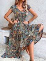 【CW】✟✾✟  Short Sleeve Print Bohemia Dresses Elastic Waist V Neck Beach Big Clothing Vestidos