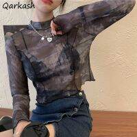 Women Long Sleeve T shirts Sexy Mesh Tie Dye High Street Crop Tops Girls Summer Thin Breathable Slim All match Tees Ulzzang Chic