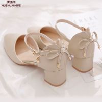 Baotou sandal shoes 2023 new spring summer one word with high heels fairy with joker in single shoes thick with wind