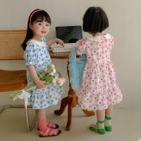 [COD] 2022 summer new style girls dress childrens Korean lapel love print short-sleeved plaid