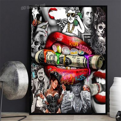 Pop Art โปสเตอร์ Red Lips Movie Star Tony Montana Graffiti ผ้าใบพิมพ์ภาพวาด Cool Trendy Wall Art รูปภาพสำหรับตกแต่งบ้าน
